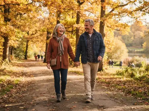 An older couple walking together in a park