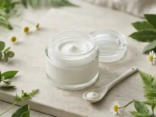 A jar of cream next to fresh green leaves
