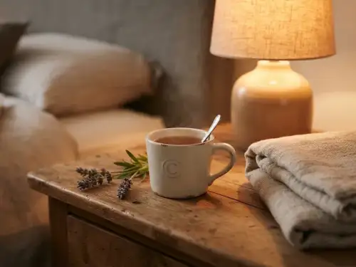 A cup of herbal tea on a bedside table in soft evening light