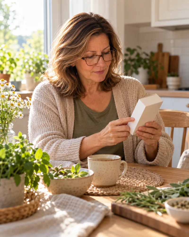 A woman in her fifties reading the label of a product at a kitchen table
